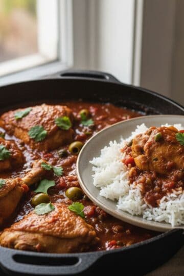 Dominican pollo guisado with rich tomato sauce, olives, and capers in a caldero served over white rice