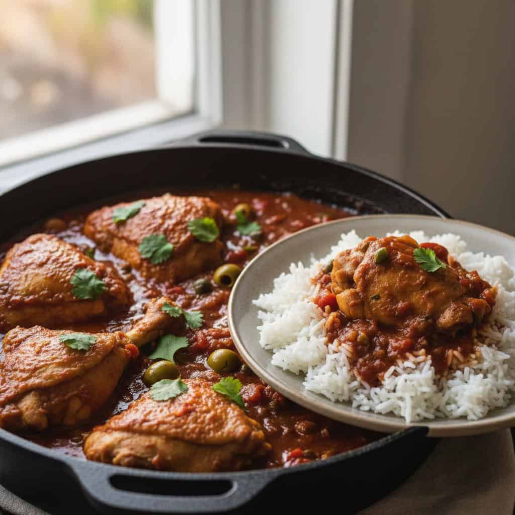 Dominican pollo guisado with rich tomato sauce, olives, and capers in a caldero served over white rice