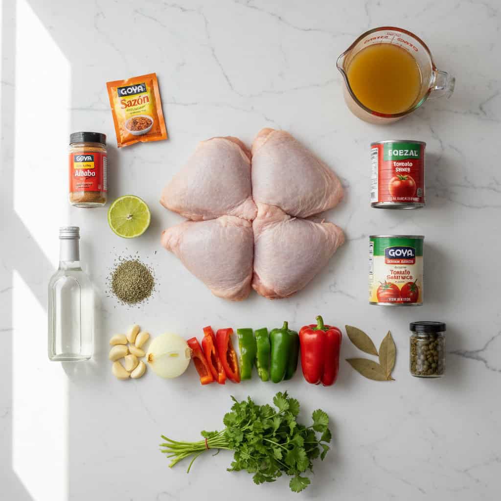 All ingredients for Dominican pollo guisado laid out on a marble counter including chicken thighs, sofrito, olives, capers, and Dominican seasonings