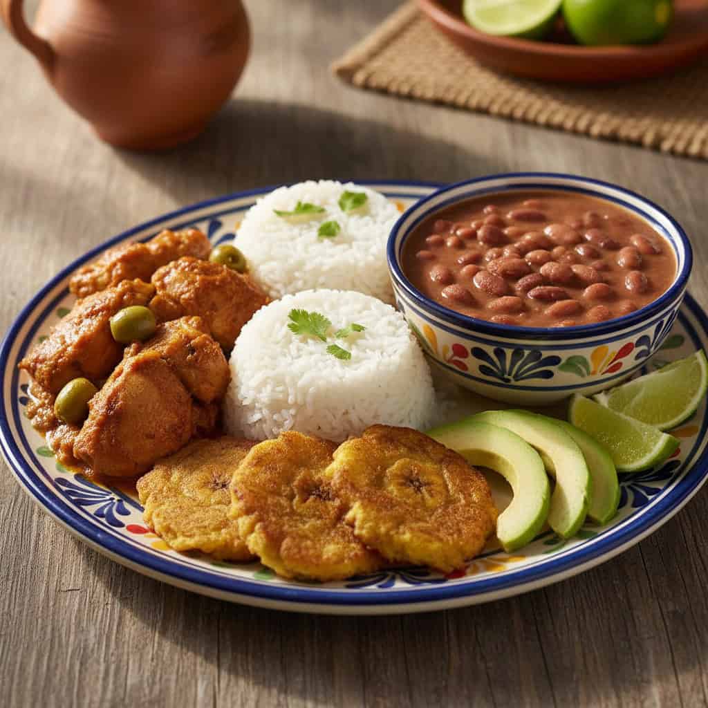 Complete Dominican plate of pollo guisado served over white rice with red beans, tostones, and avocado