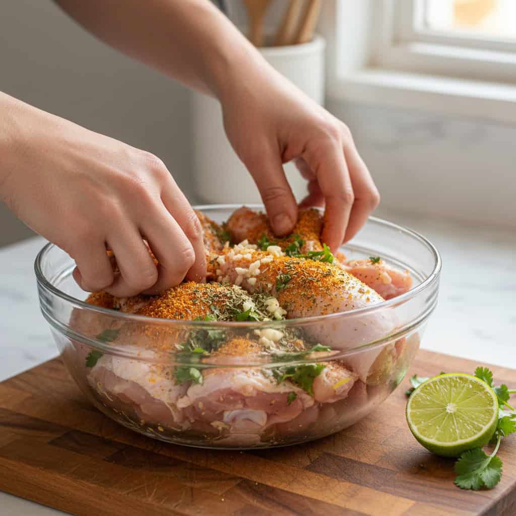 Seasoned bone-in chicken pieces in a bowl with sofrito, sazón, and adobo ready to marinate