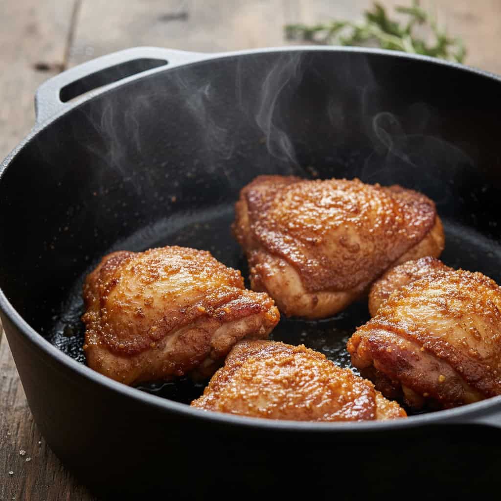 Chicken pieces searing in caldero with caramelized sugar creating deep mahogany color