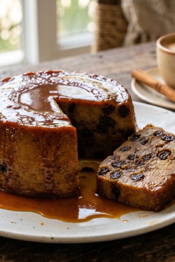 Dominican pudin de pan unmolded on white plate with amber caramel cascading down the sides