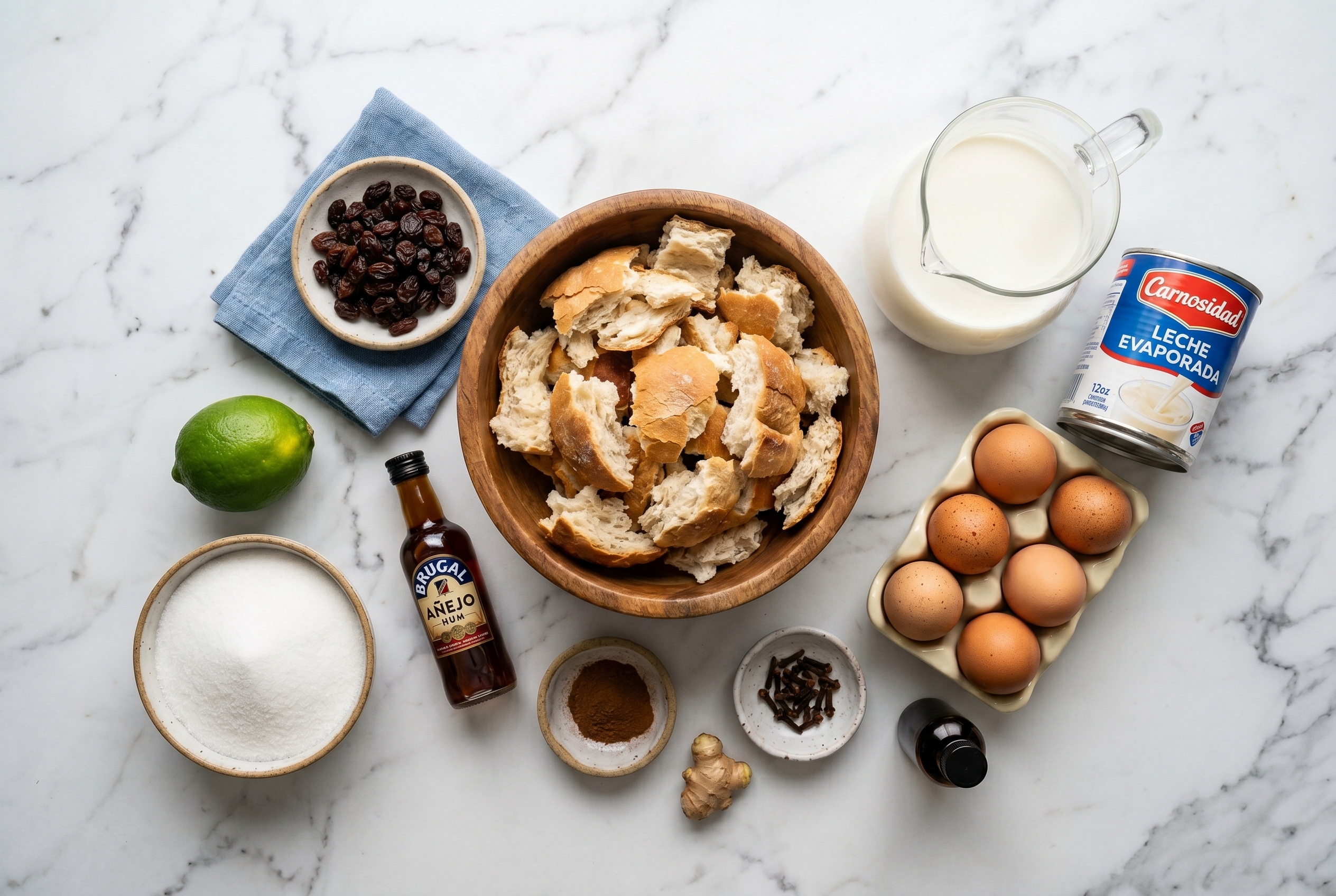 Ingredients for Dominican pudin de pan - stale bread milk eggs sugar cinnamon cloves ginger rum raisins