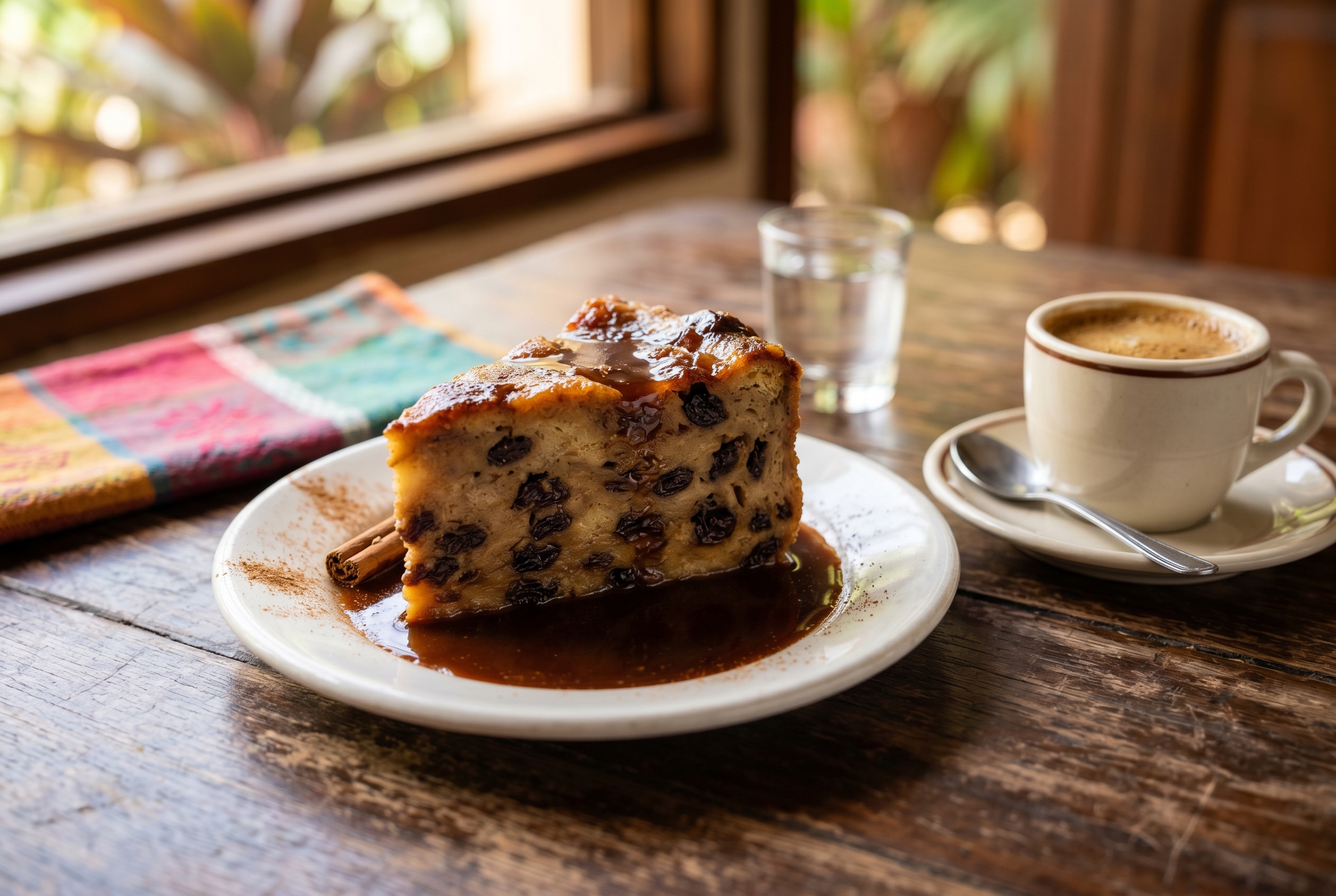 Slice of Dominican pudin de pan served on white plate with caramel sauce and coffee