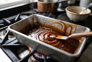 Dark amber caramel being swirled in loaf pan for pudin de pan