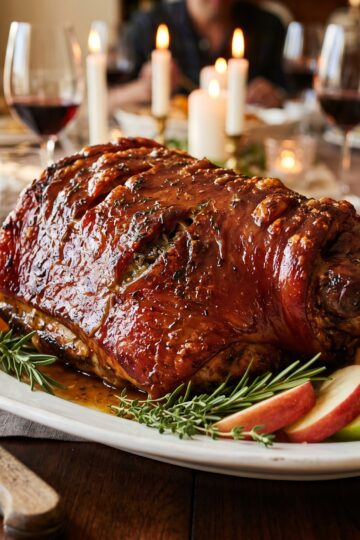 Dominican puerco asado whole roasted pork shoulder on platter with rosemary