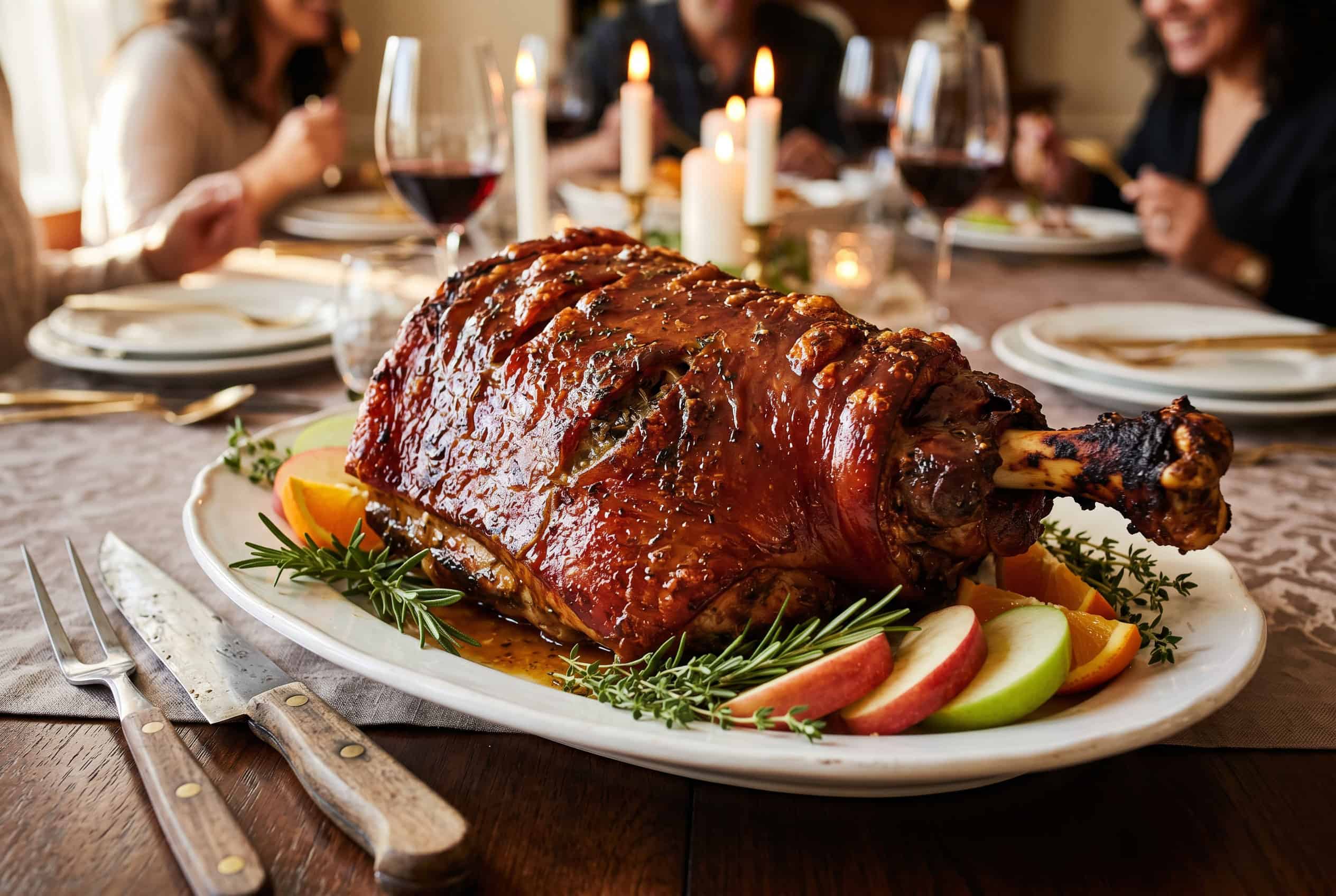 Dominican puerco asado whole roasted pork shoulder on platter with rosemary