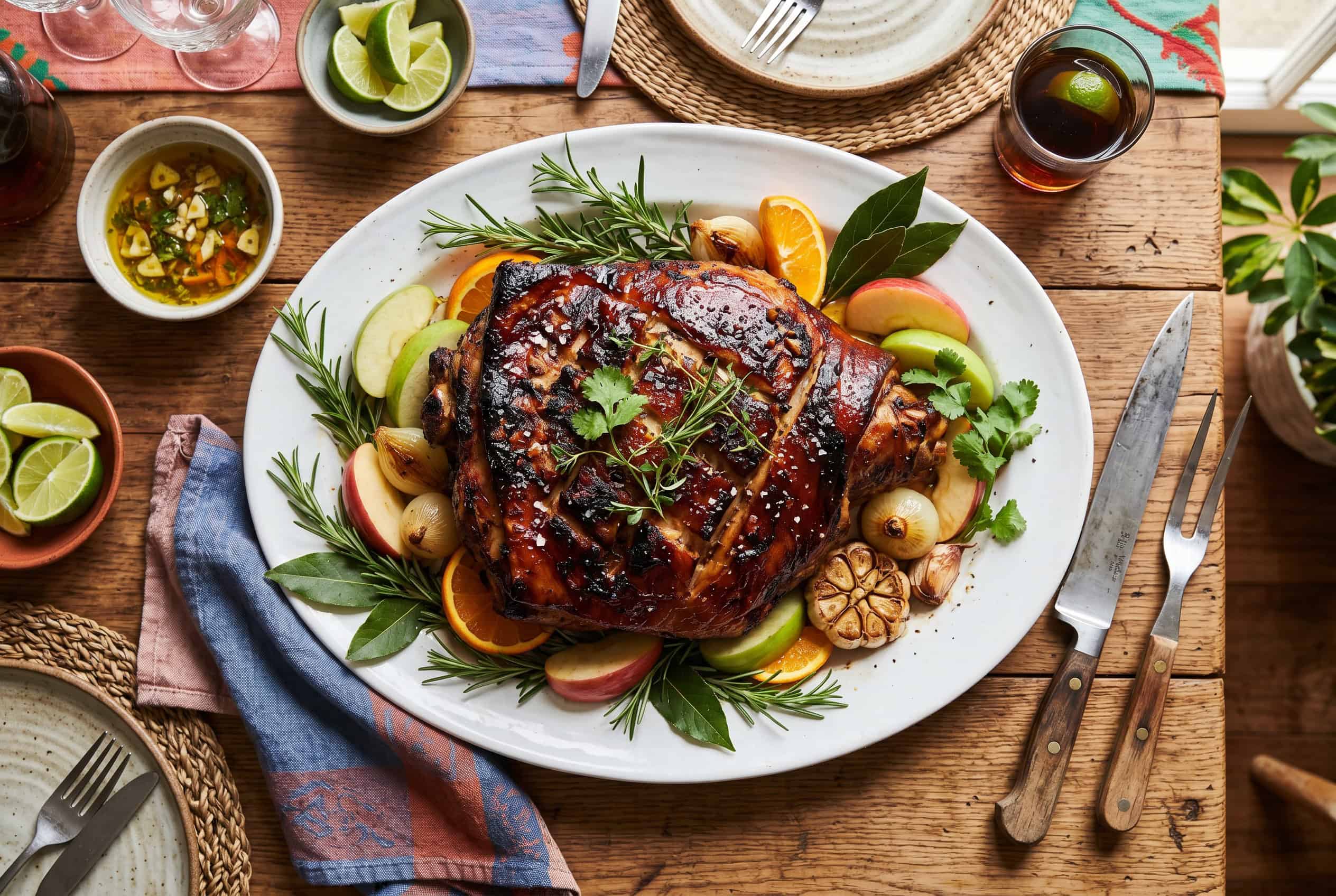 Top-down view of complete Dominican puerco asado on serving platter