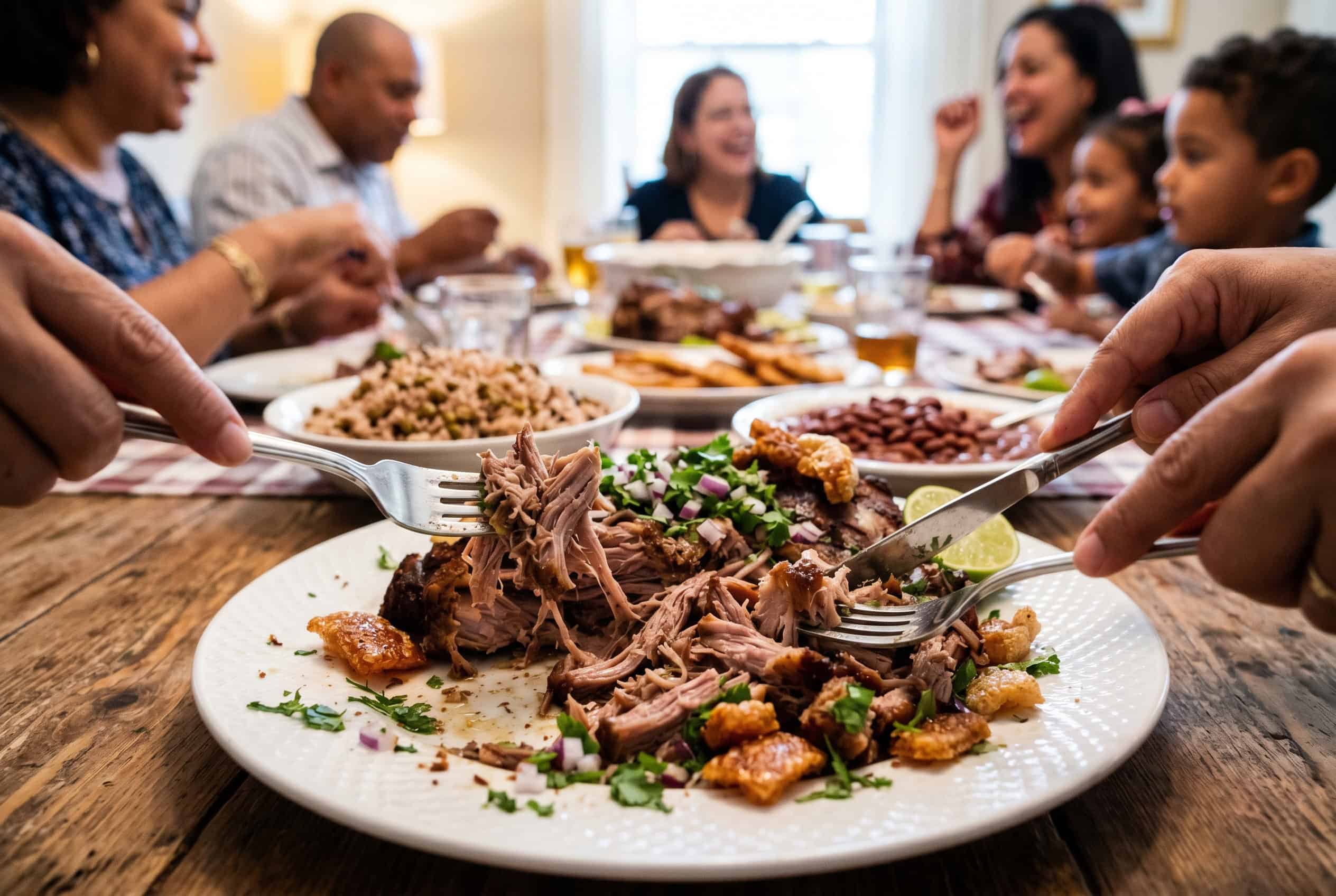 Dominican puerco asado pulled pork being served with forks