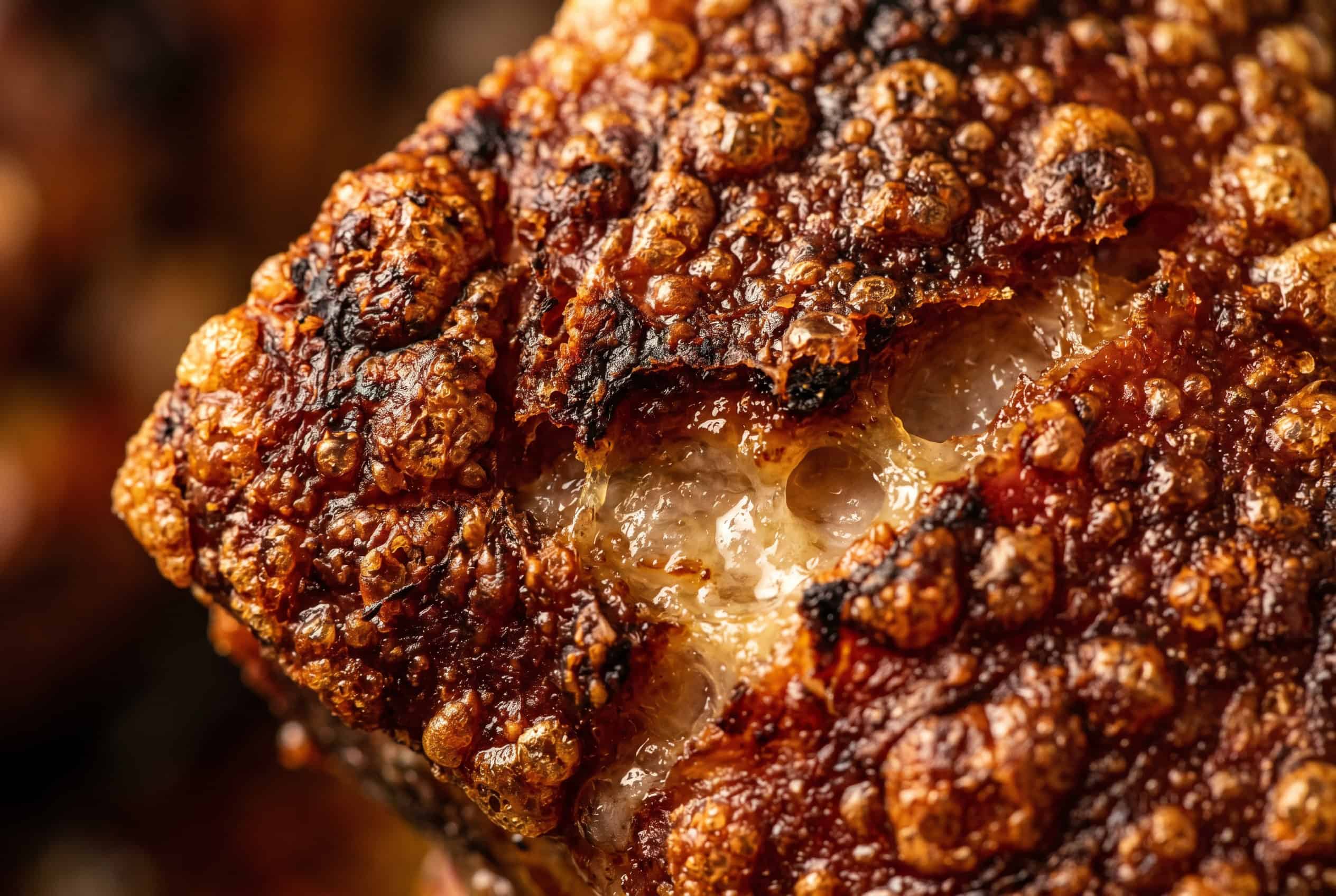 Close-up of Dominican puerco asado crispy mahogany pork skin