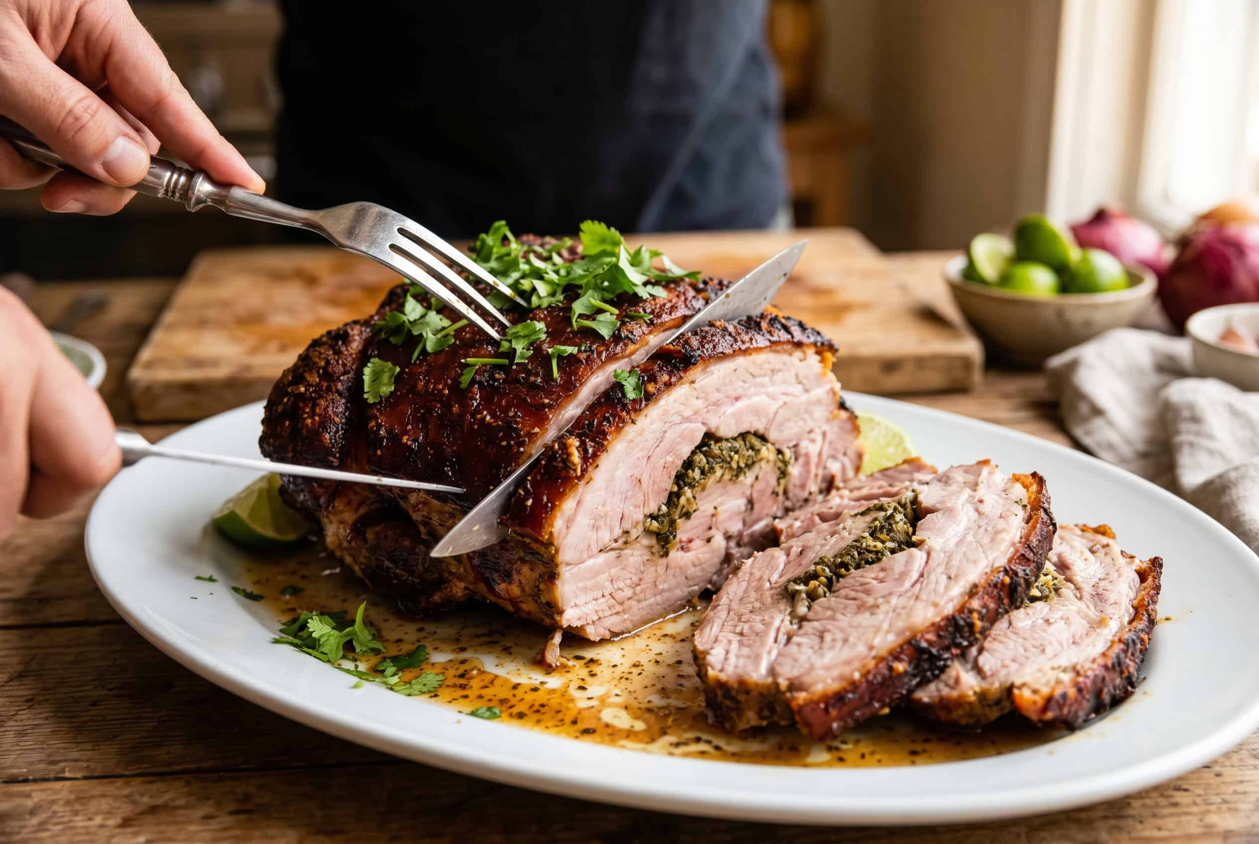 Dominican puerco asado carved showing tender interior and crispy skin