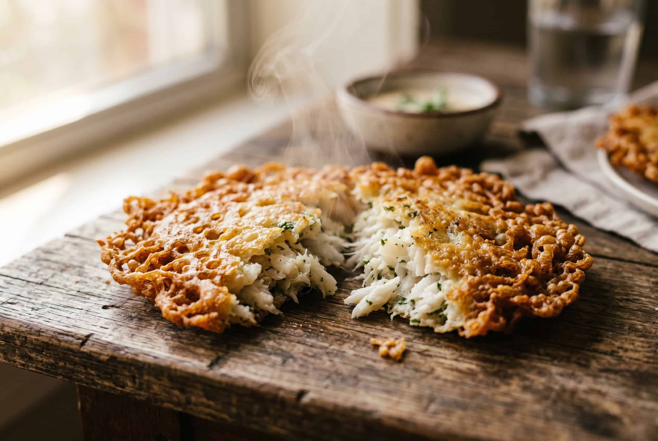 Close-up of a single Puerto Rican bacalaito broken open showing flaky white cod interior
