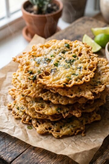Overhead hero shot of golden crispy Puerto Rican bacalaitos stacked on brown parchment paper