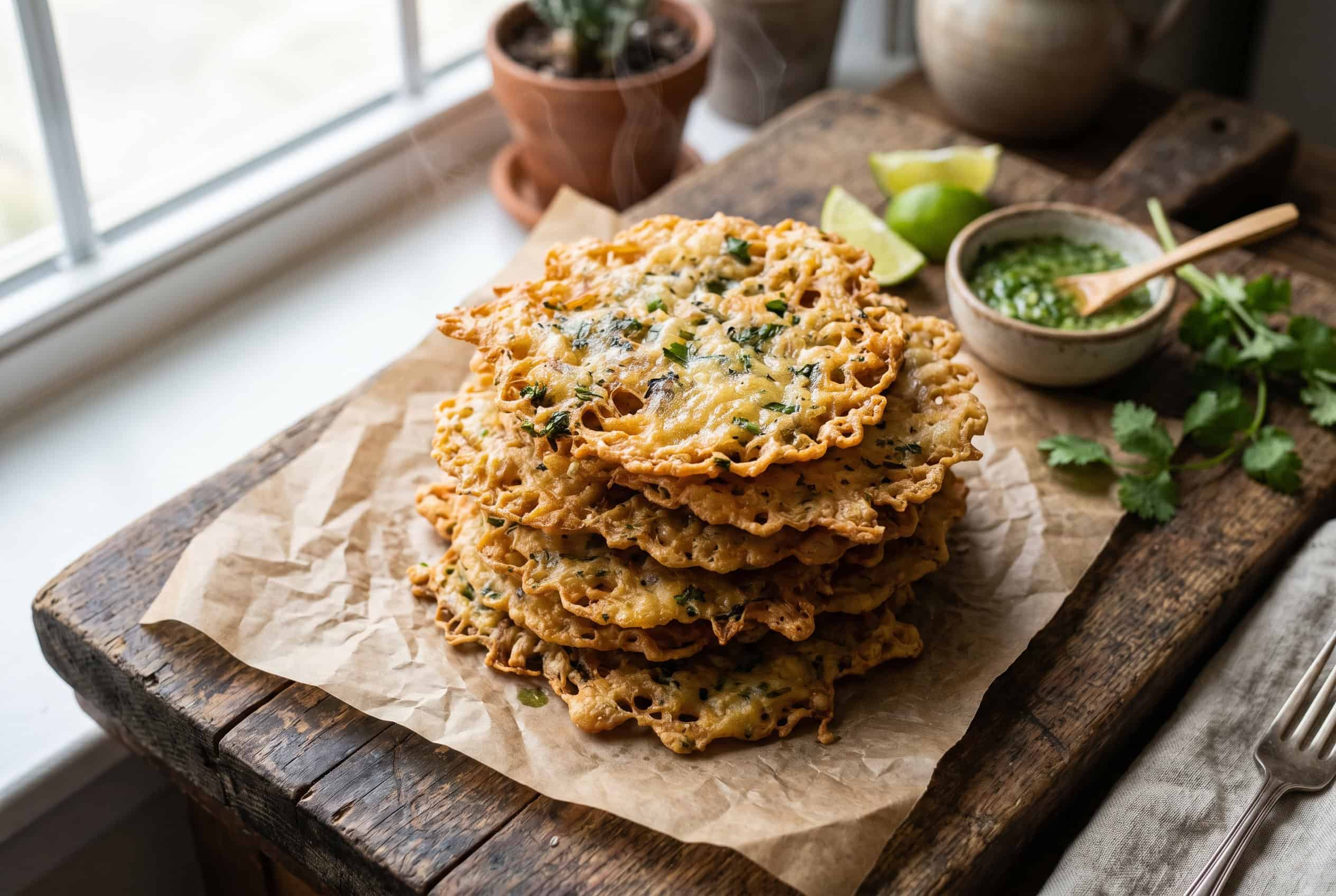 Overhead hero shot of golden crispy Puerto Rican bacalaitos stacked on brown parchment paper