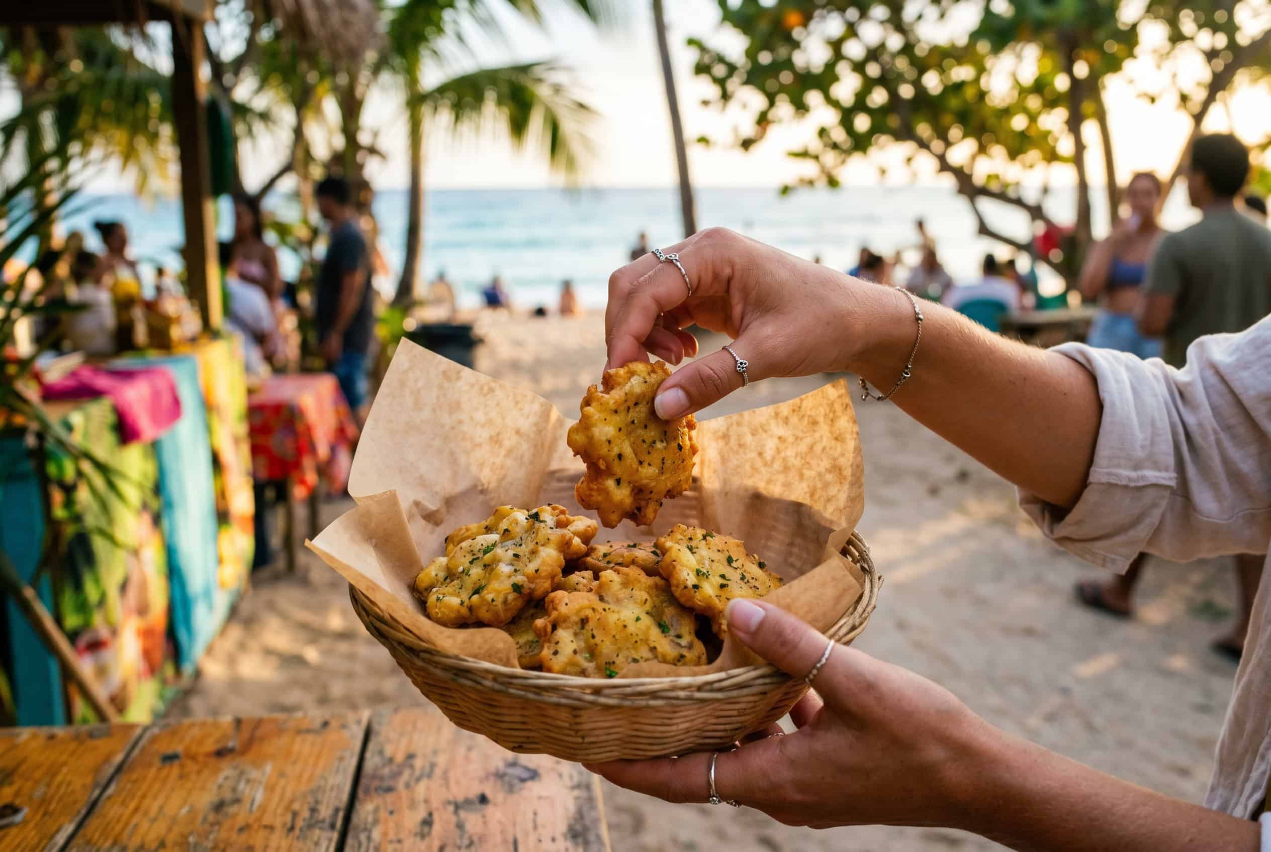 A hand reaching for a crispy Puerto Rican bacalaito from a parchment-lined basket