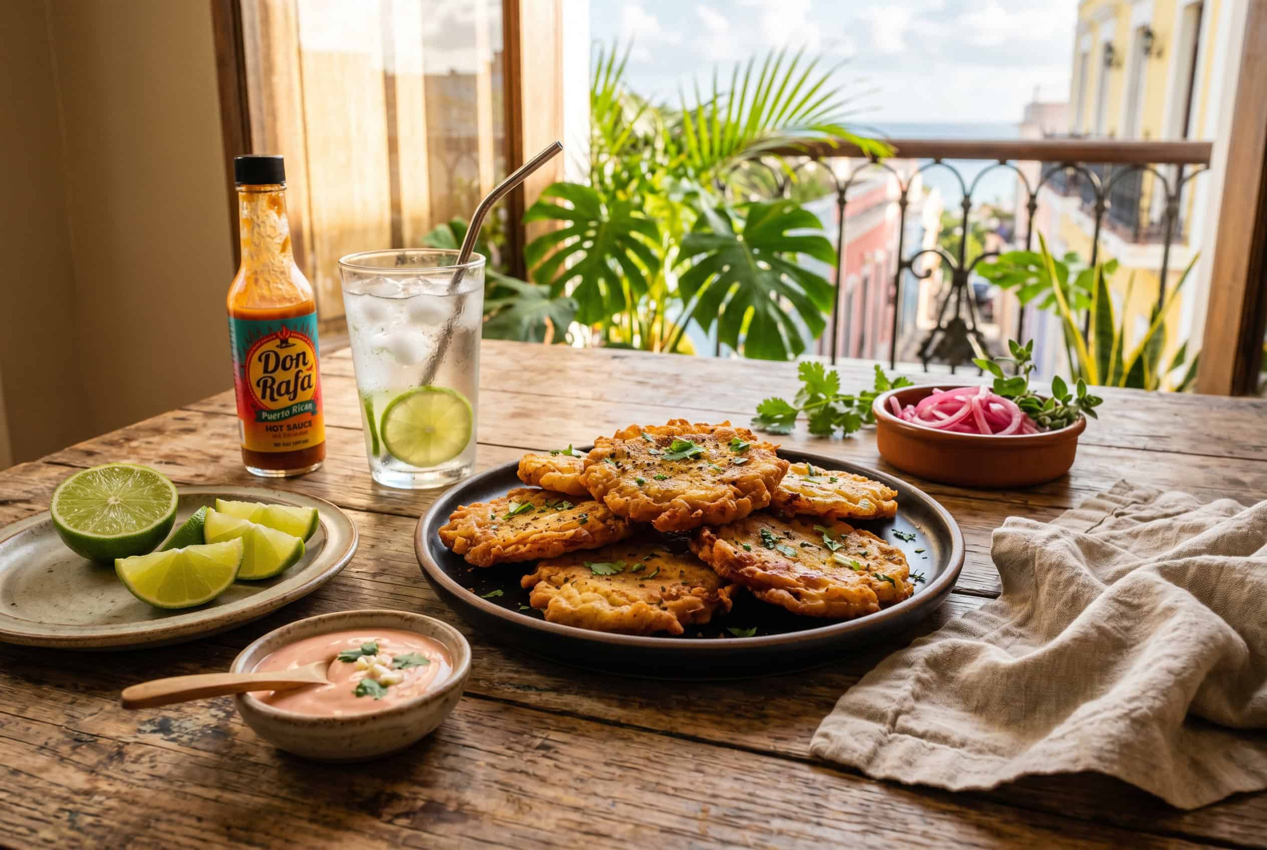 Lifestyle table shot of Puerto Rican bacalaitos with mayoketchup, lime wedges, and a cold drink