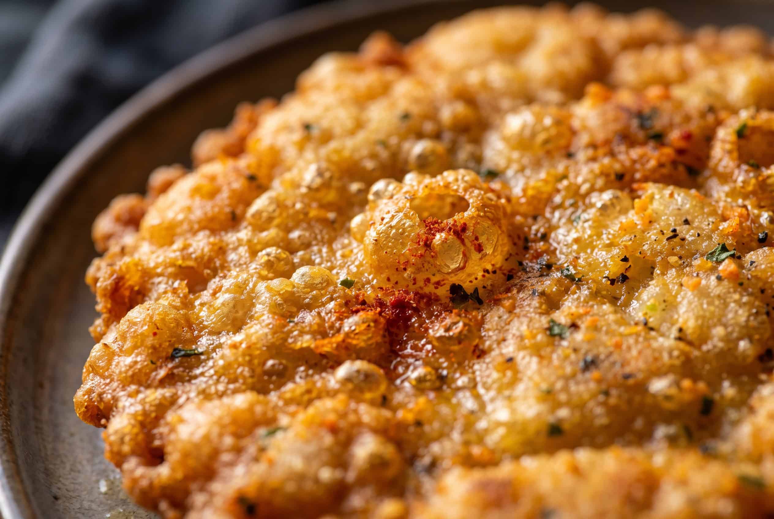 Macro texture of the crispy golden fried batter of a Puerto Rican bacalaito