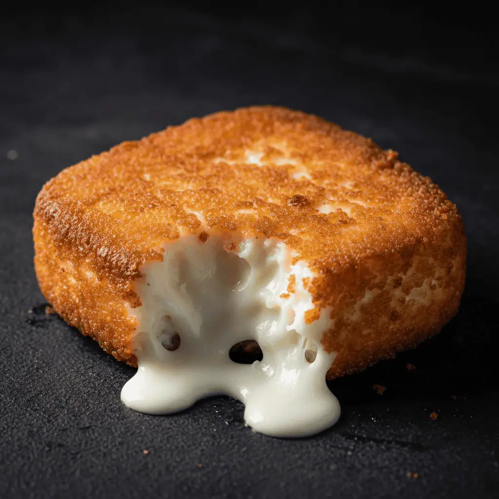 Close-up of crispy golden queso frito showing the crunchy exterior and soft white cheese interior