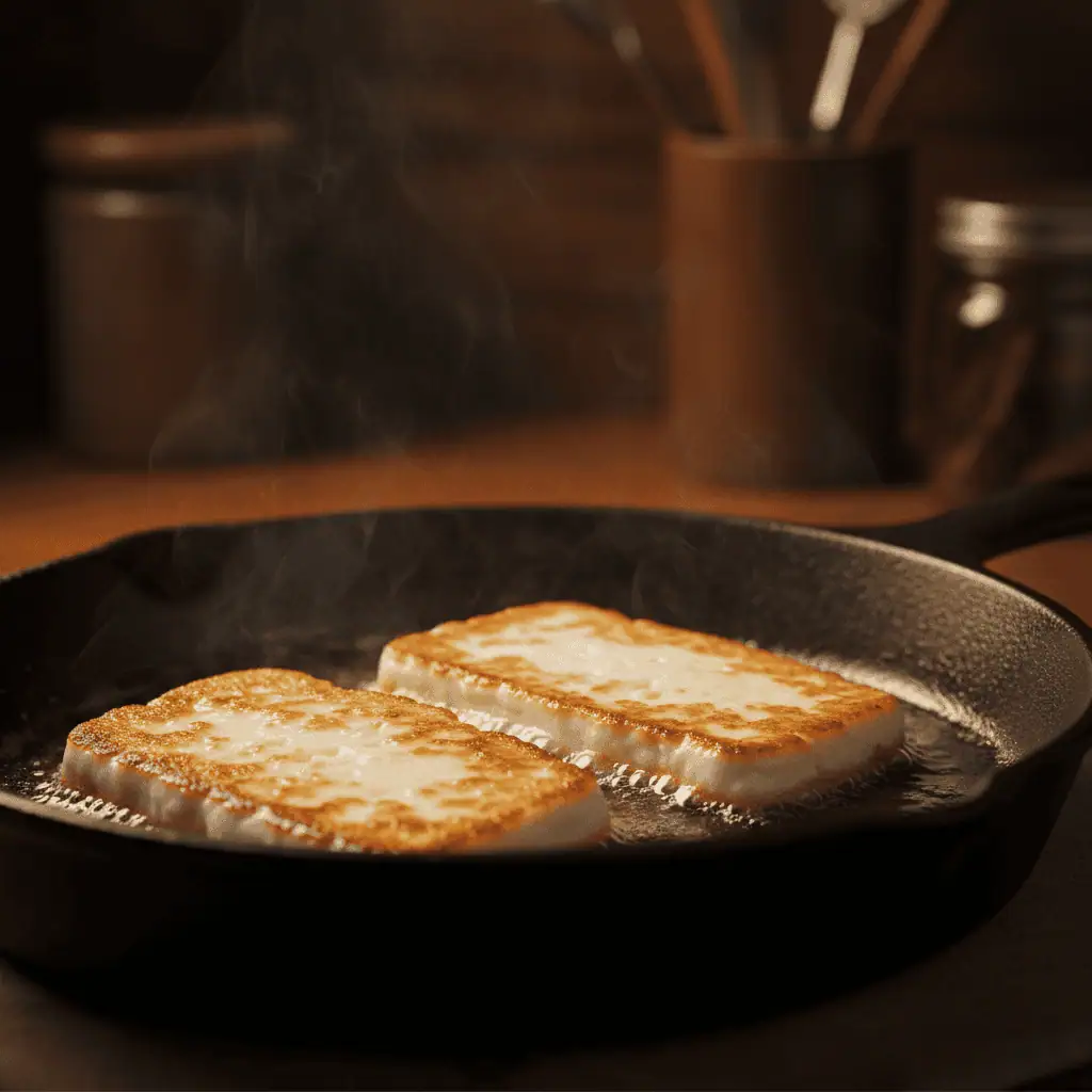 Queso frito sizzling in a cast iron skillet with golden crust forming