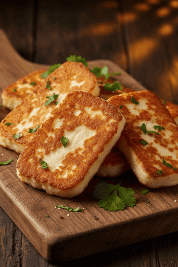 Golden crispy queso frito dominicano on a rustic wooden board — Dominican fried white cheese recipe