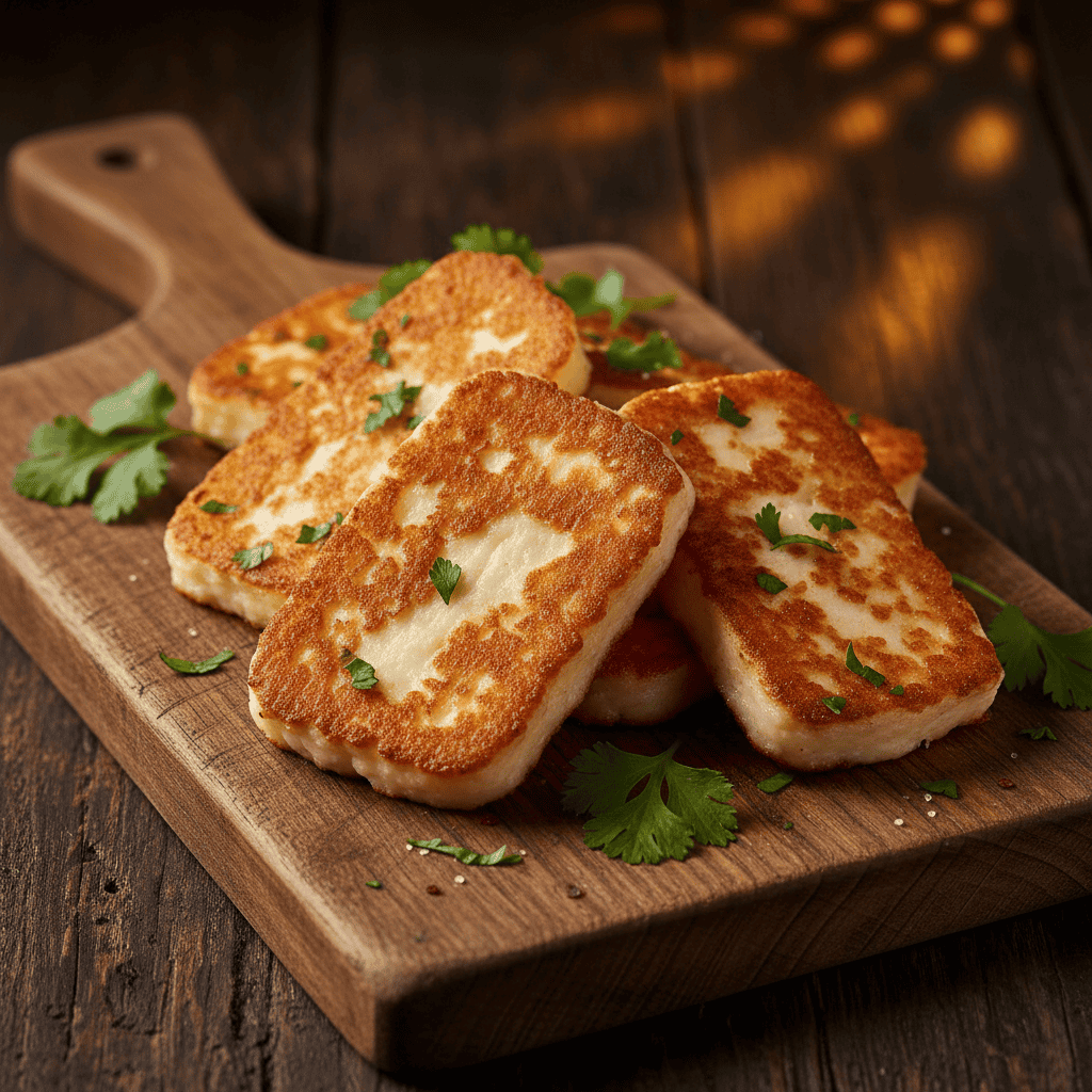 Golden crispy queso frito dominicano on a rustic wooden board — Dominican fried white cheese recipe