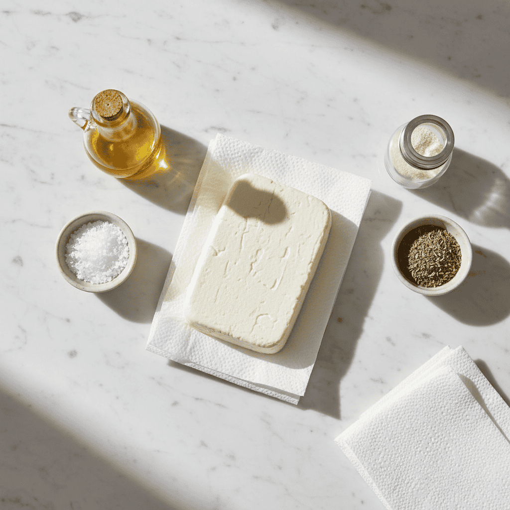 Queso frito dominicano ingredients — queso de freir, oil, oregano on white marble