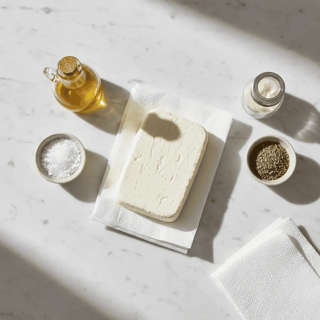 Queso frito dominicano ingredients — queso de freir, oil, oregano on white marble