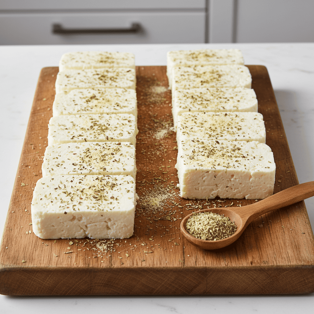 Raw queso de freir slices seasoned with oregano on a cutting board
