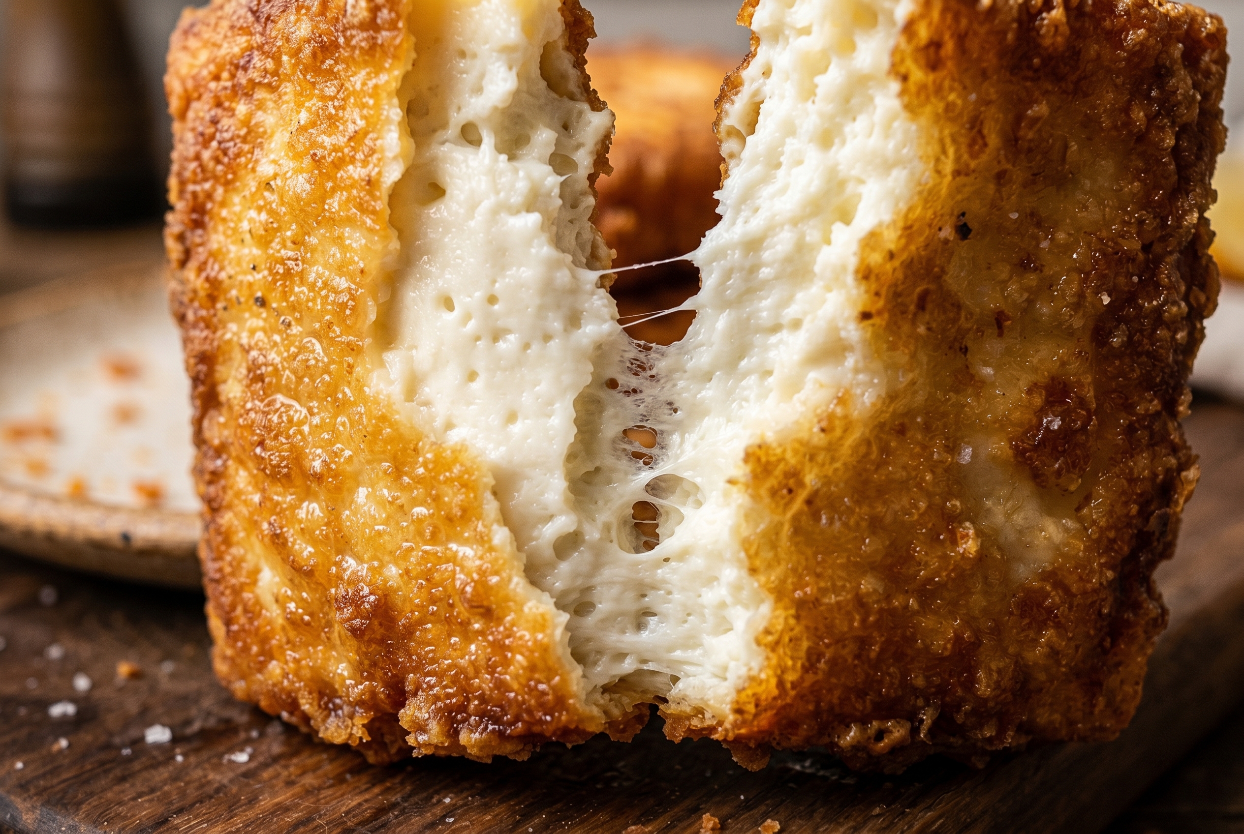 Close-up of golden queso frito with crispy edges