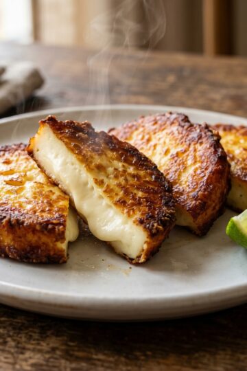 Golden Dominican queso frito slices on white plate