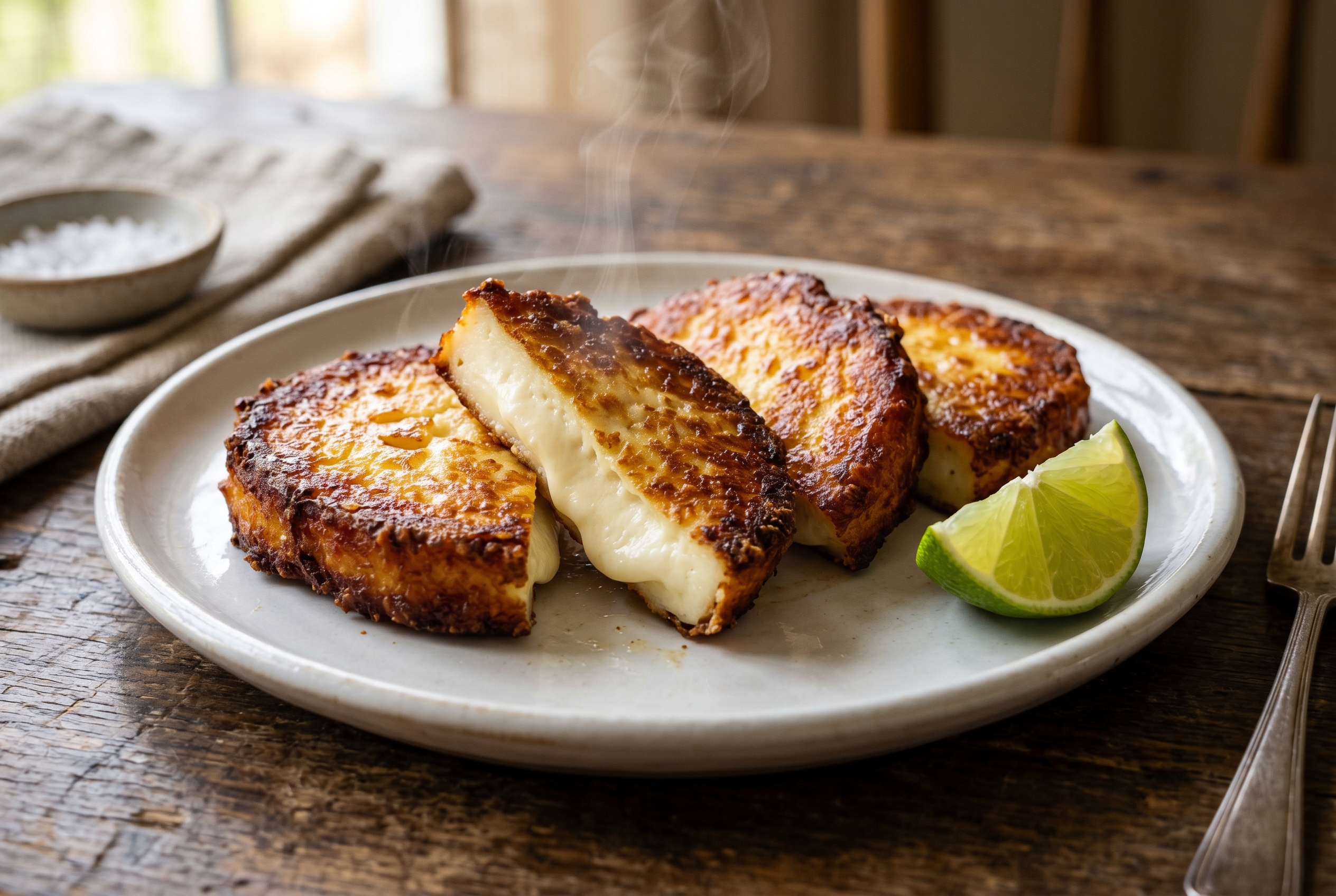 Golden Dominican queso frito slices on white plate