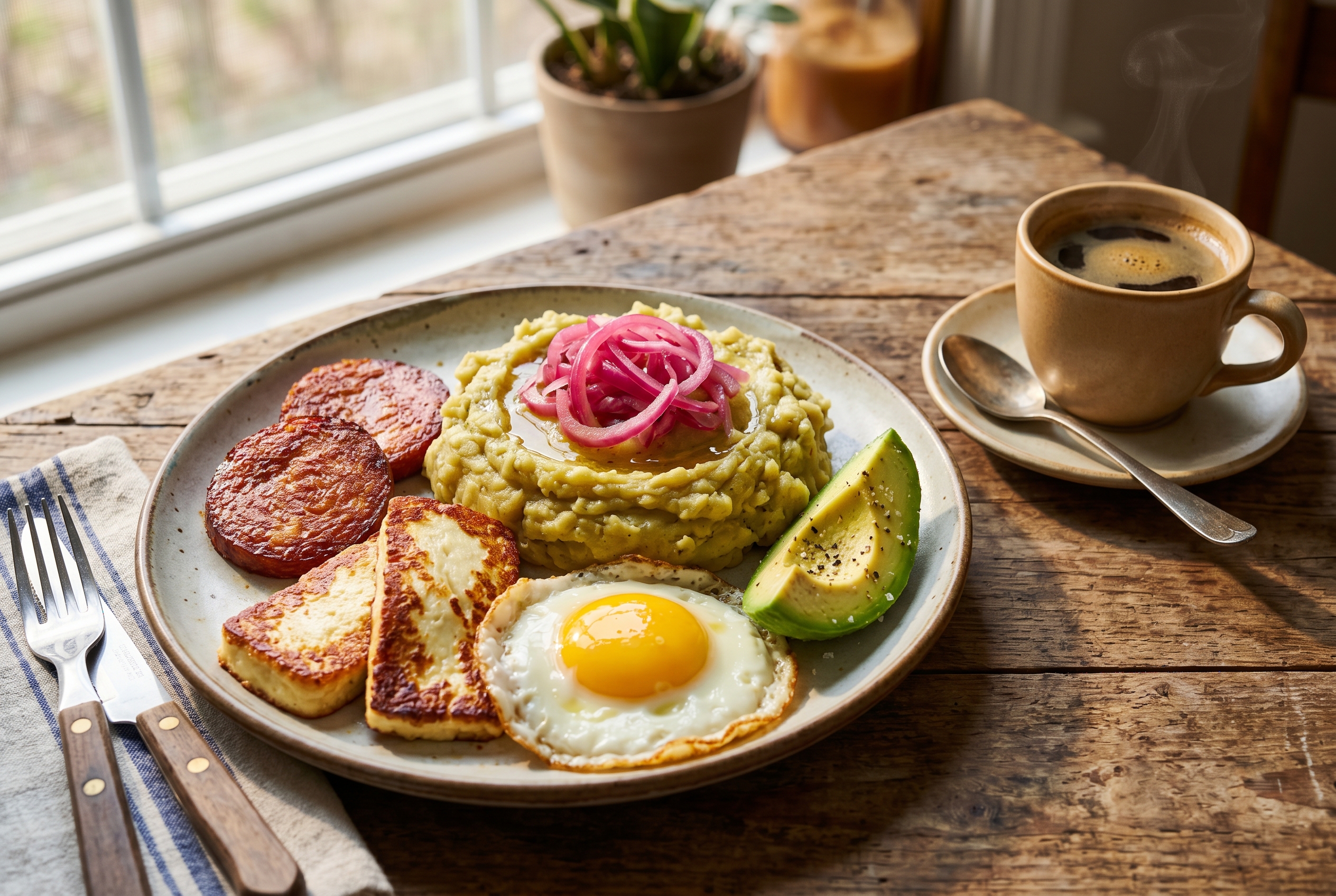 Queso frito served with mangu salami and egg for tres golpes
