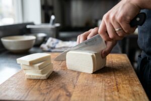 Slicing queso de freir into half-inch thick pieces