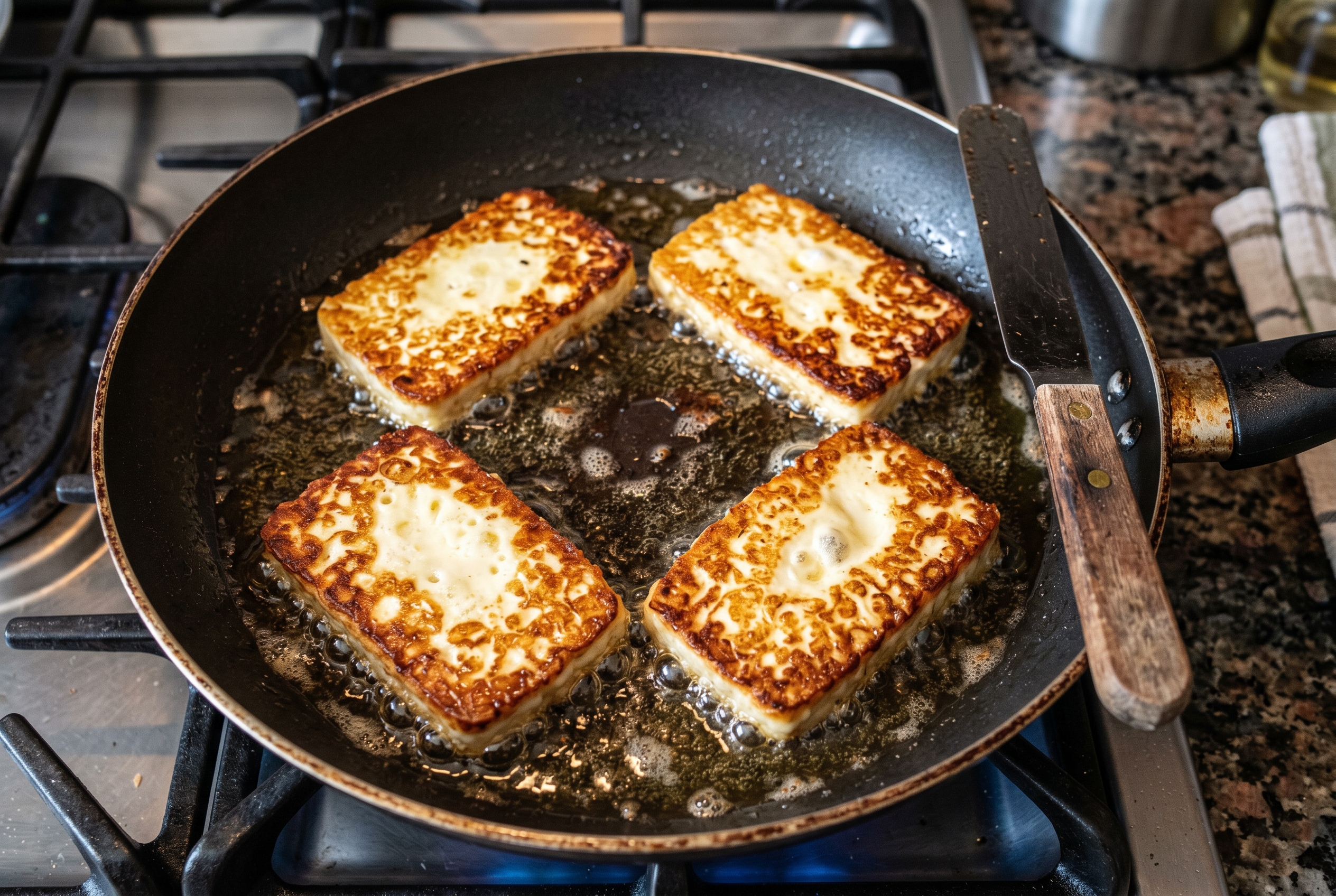 Queso frito slices frying to golden brown in skillet