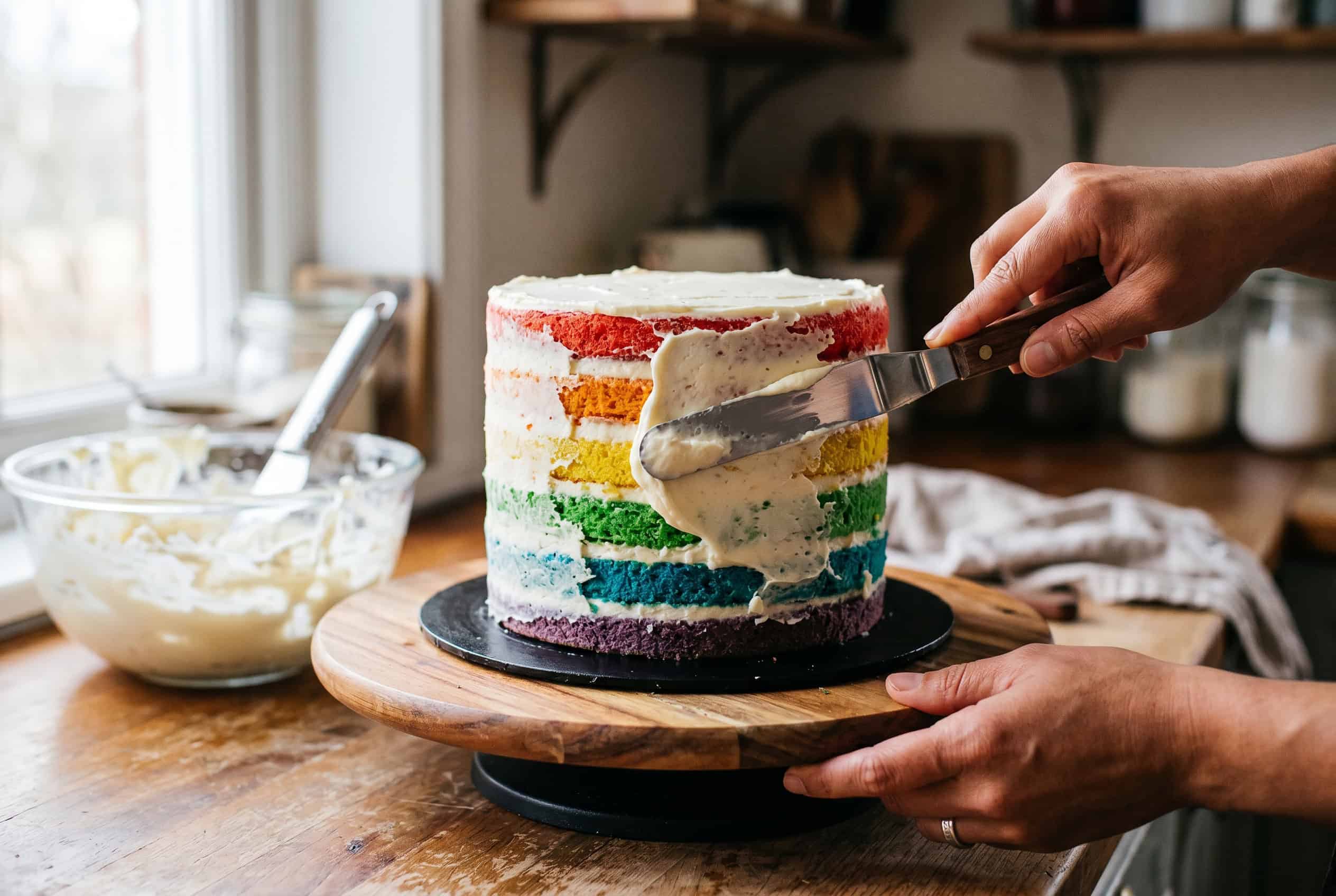 Hands frosting a six-layer rainbow cake with silky white buttercream using an offset spatula on a cake turntable