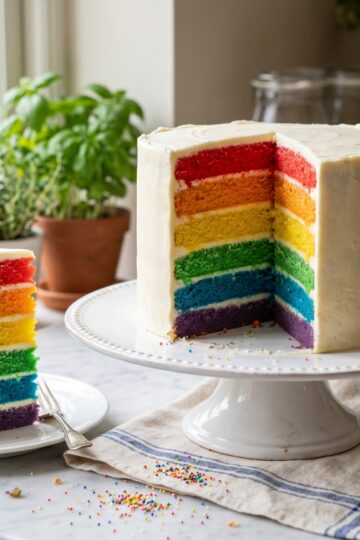 Sliced rainbow layer cake on a white cake stand revealing six vivid rainbow layers inside with silky white buttercream