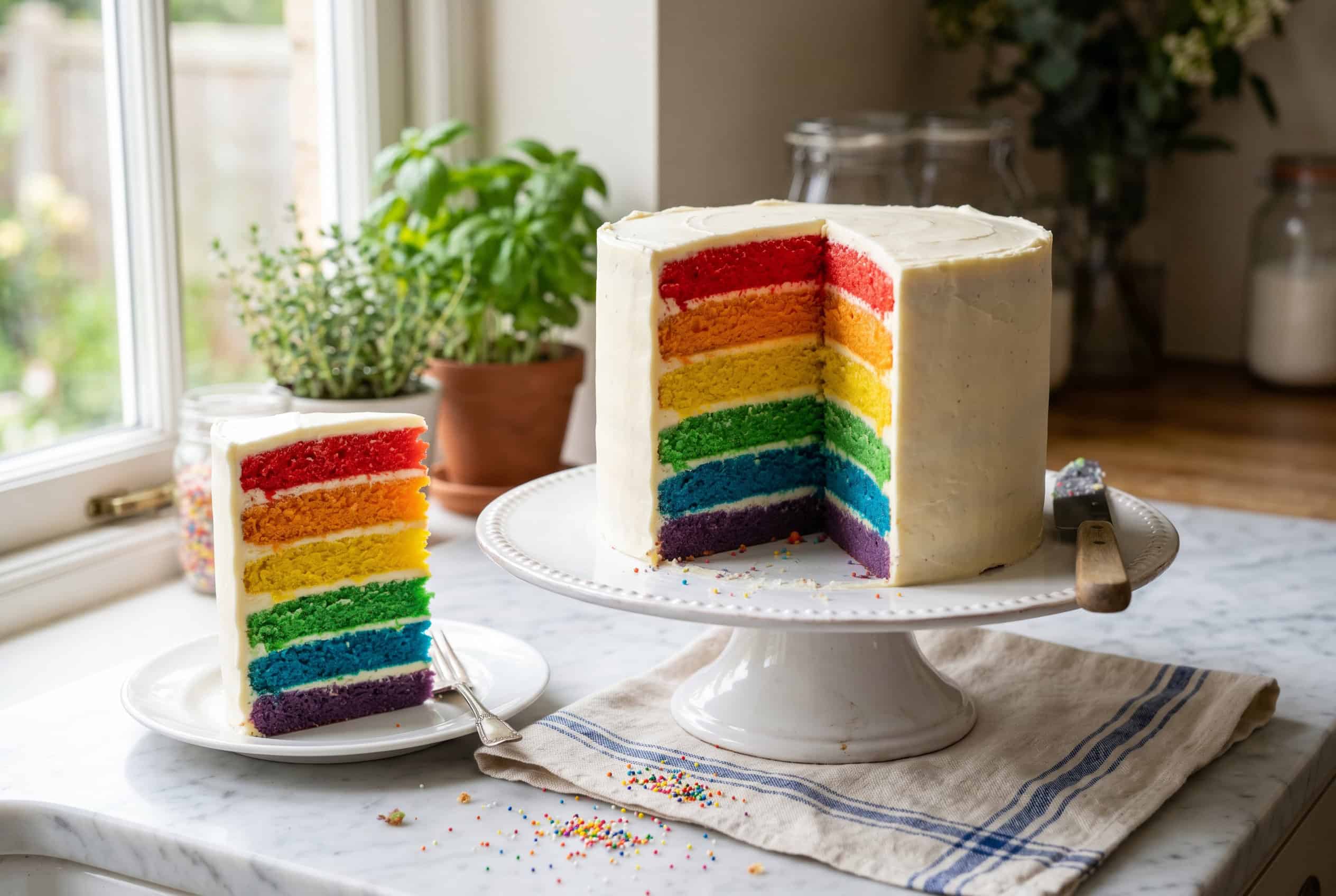LGBTQ+ Rainbow Cake Recipe Sliced rainbow layer cake on a white cake stand revealing six vivid rainbow layers inside with silky white buttercream