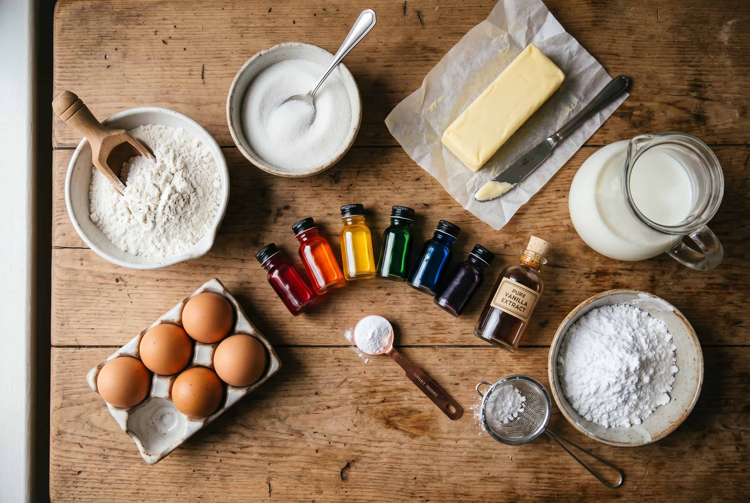 Flat lay of rainbow cake ingredients on a wooden kitchen table including flour, eggs, butter, vanilla, milk, and gel food coloring in six rainbow colors