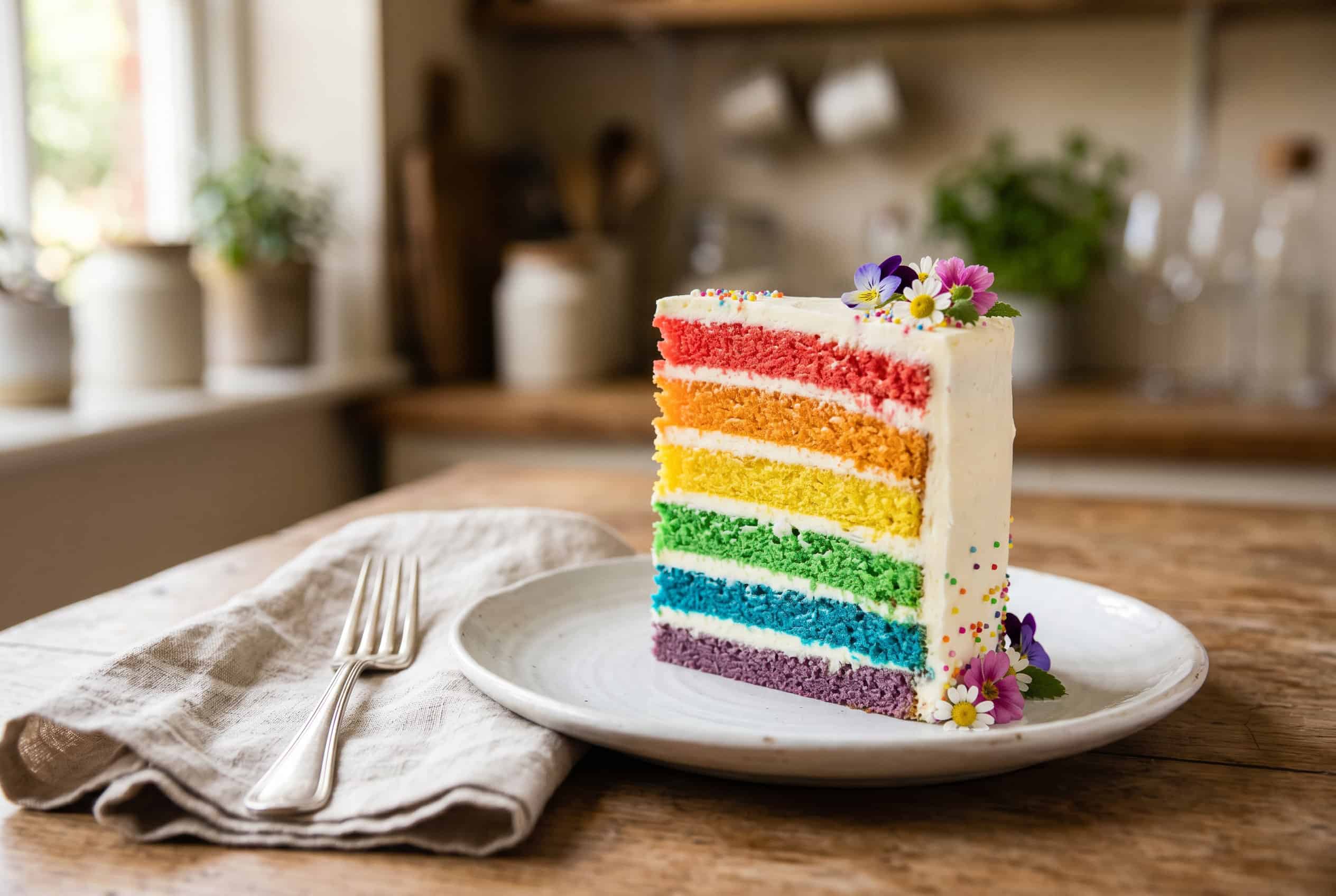 A single slice of rainbow layer cake on a white ceramic plate with a silver fork, rainbow sprinkles, a linen napkin, and small flowers as props
