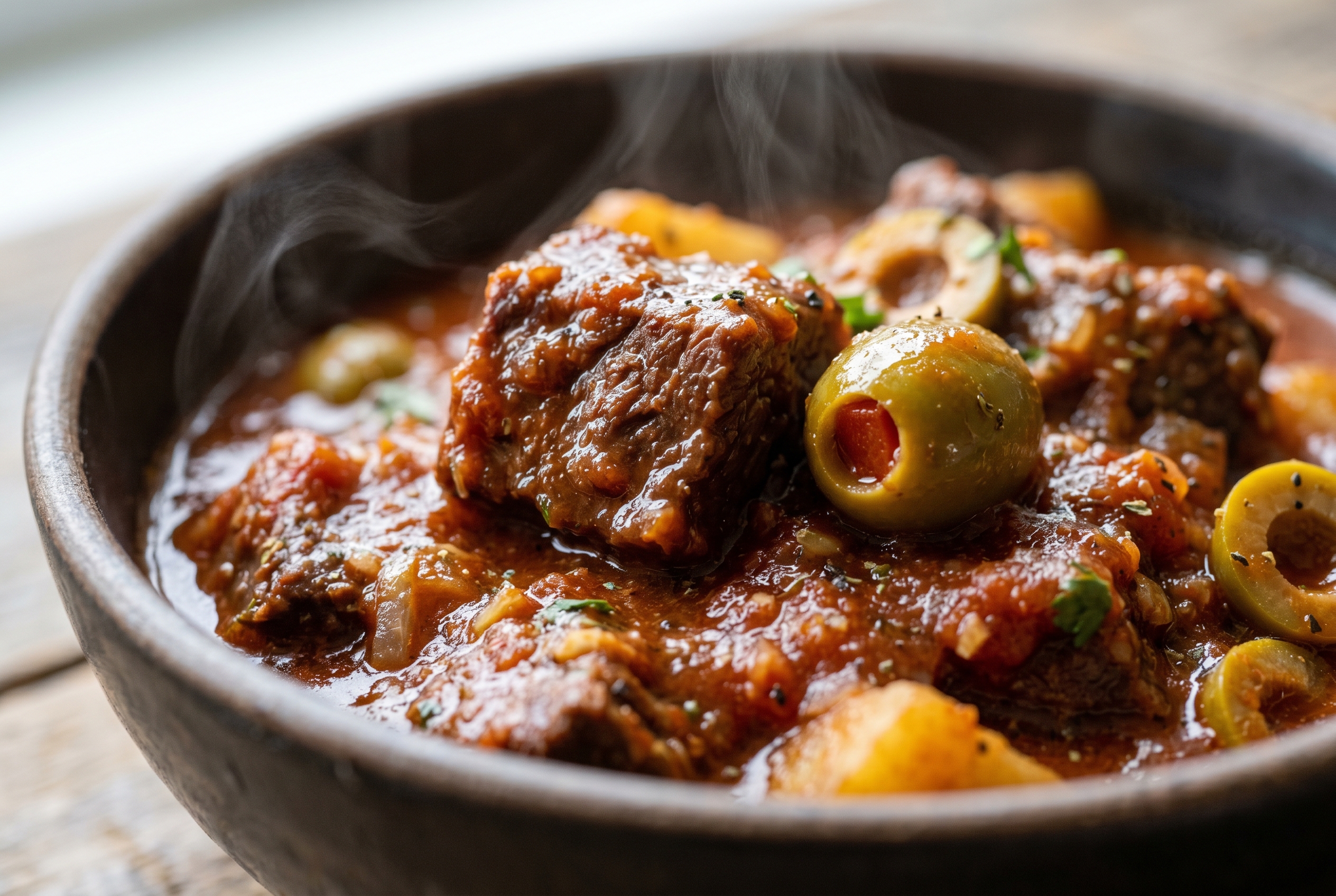 Close-up of Dominican res guisada with thick tomato gravy and olives