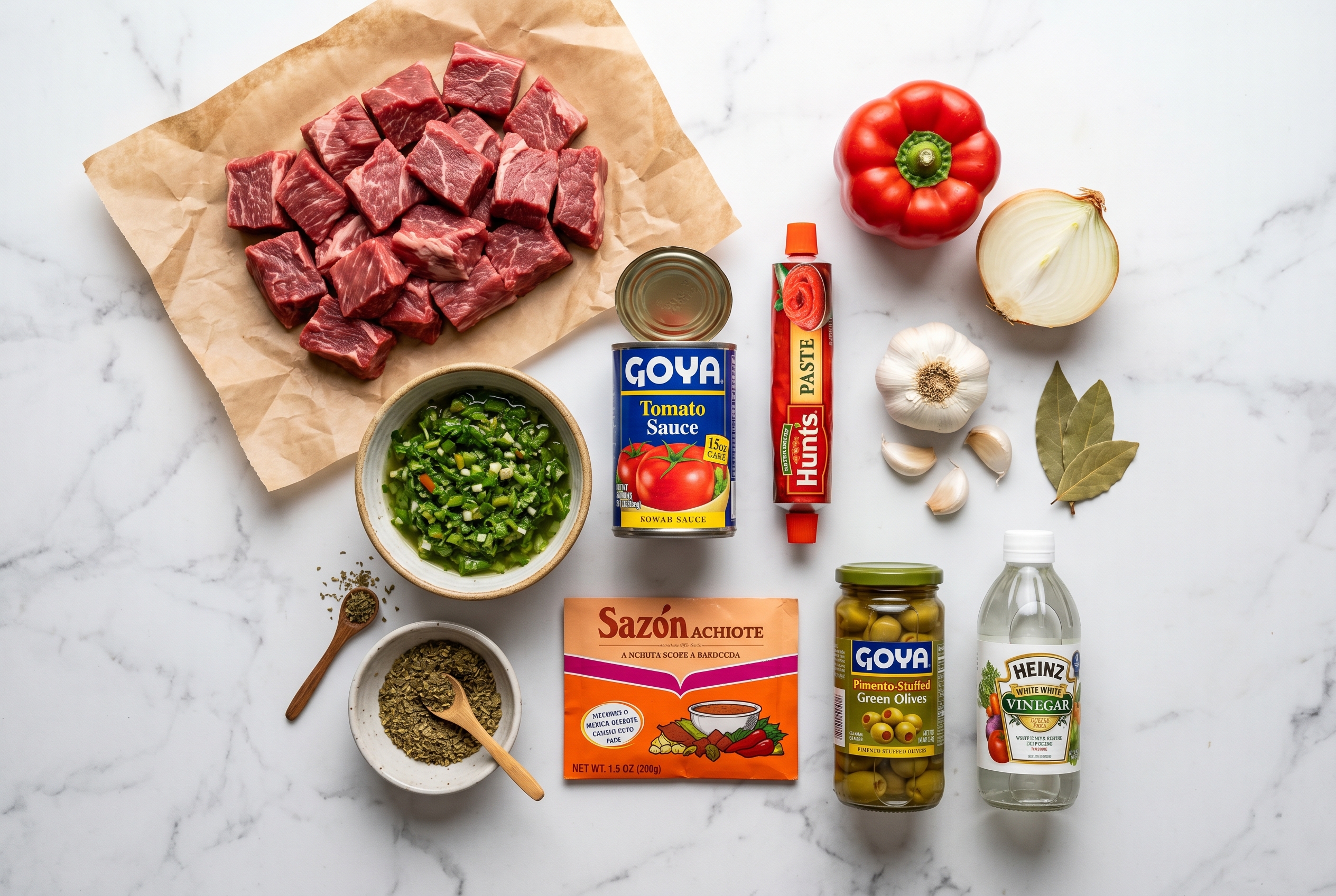 Ingredients for Dominican res guisada - beef chuck sofrito tomato sauce olives