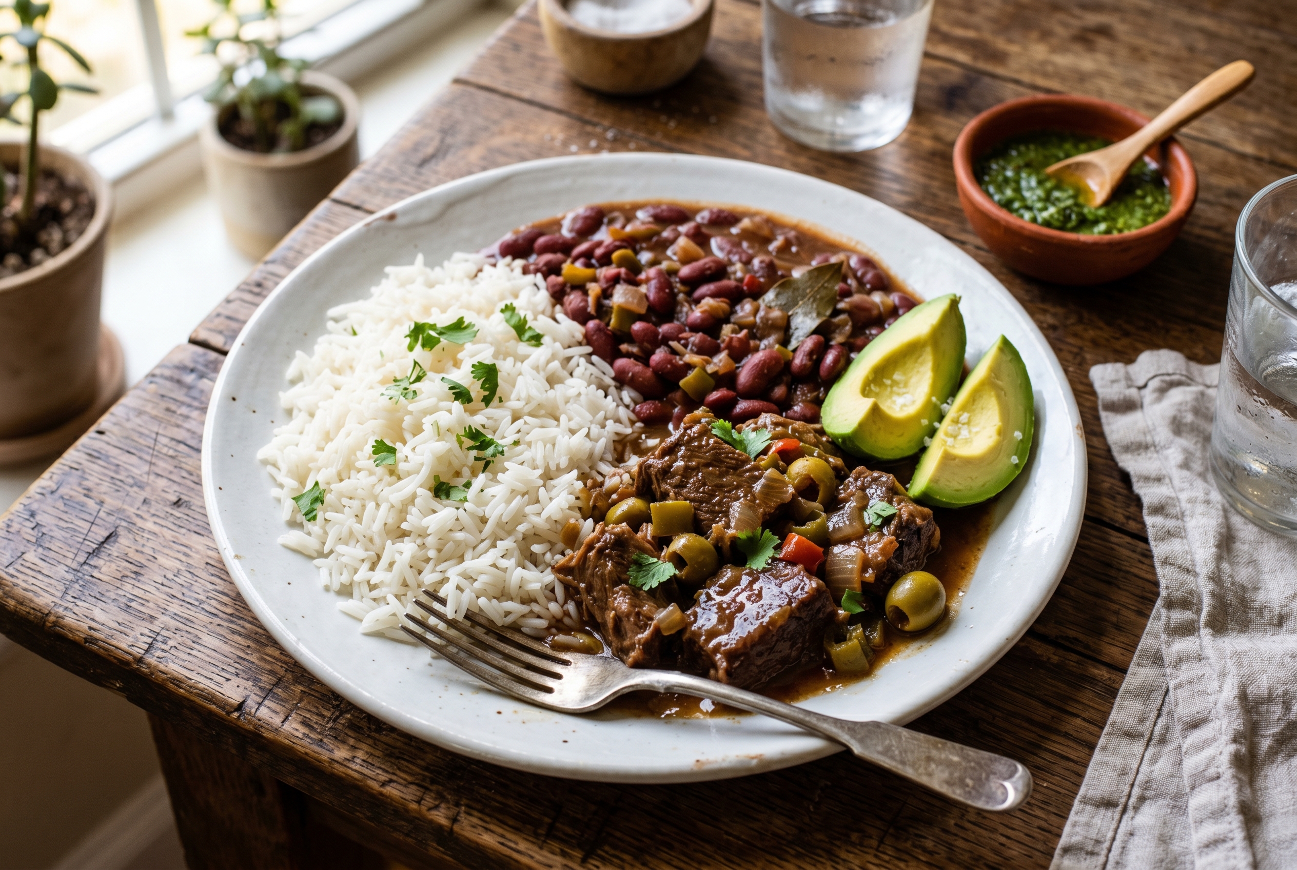 Res guisada served over white rice with red beans and avocado - la bandera dominicana