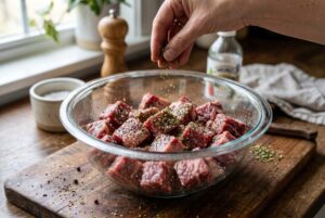 Raw beef chuck cubes being marinated with salt pepper oregano vinegar