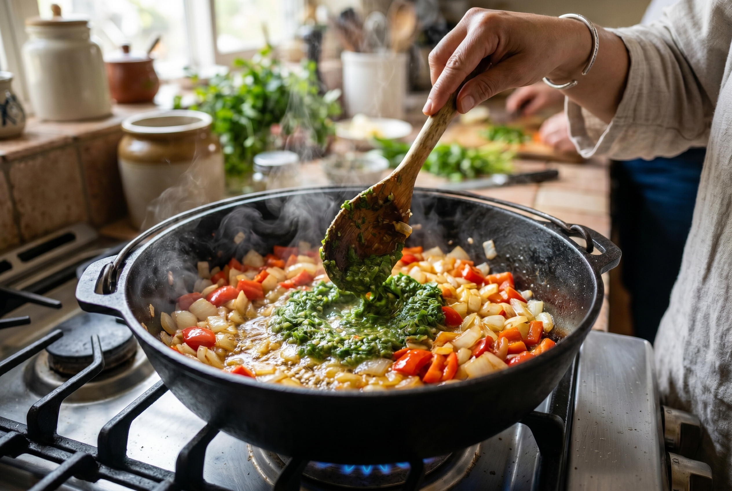 Sofrito onion red pepper being sauteed in caldero for res guisada