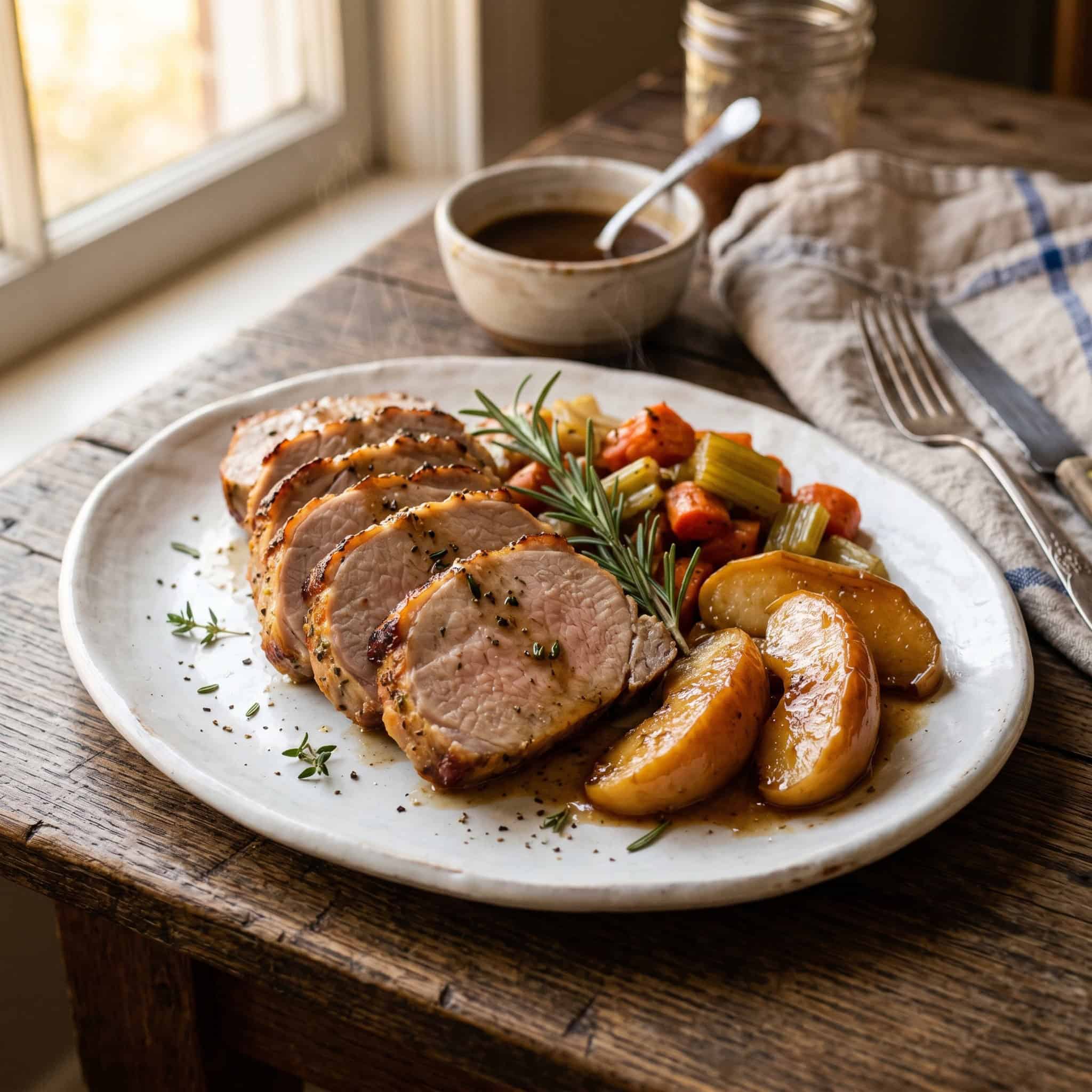Sliced roast pork loin with caramelized apples, roasted carrots, and celery on a white ceramic platter, garnished with fresh rosemary