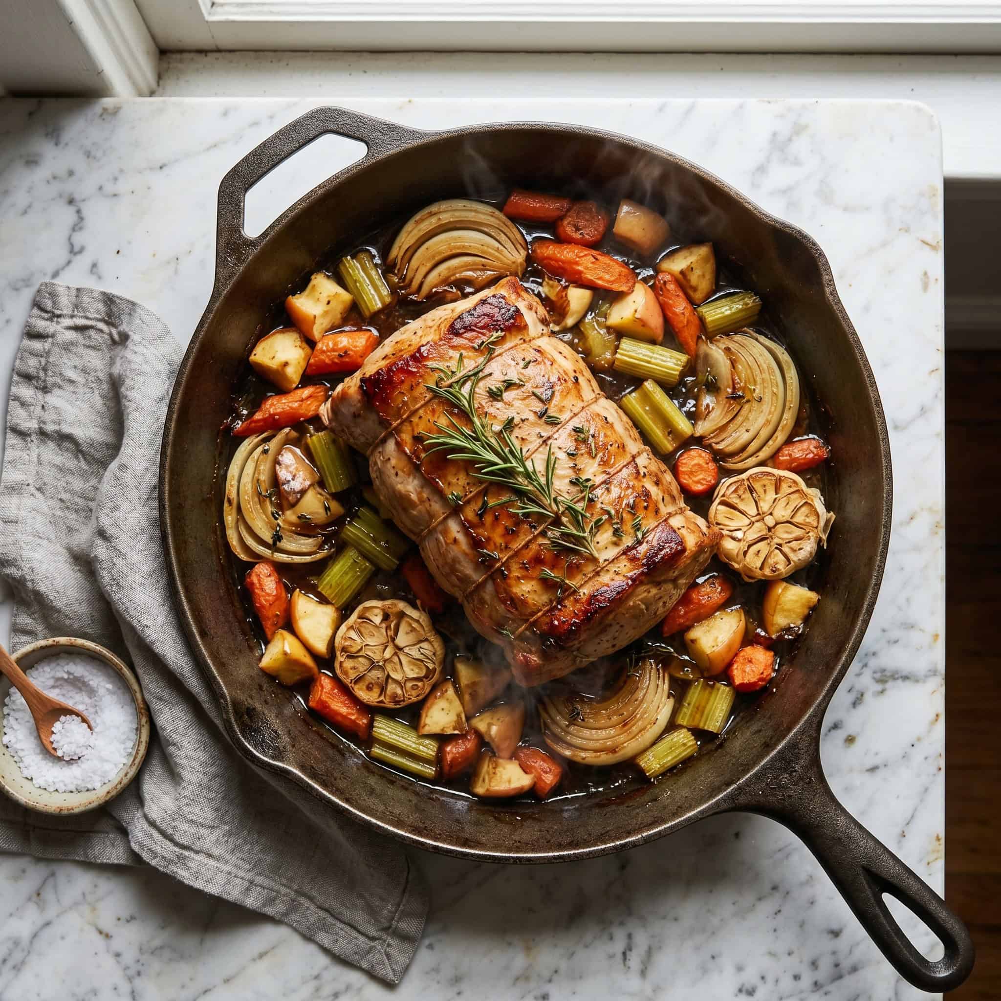 Whole seared pork loin roasting in a cast iron skillet with onions, carrots, celery, garlic, and apples, topped with fresh rosemary