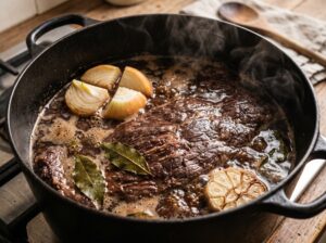 Flank steak submerged in braising liquid in a Dutch oven simmering low and slow