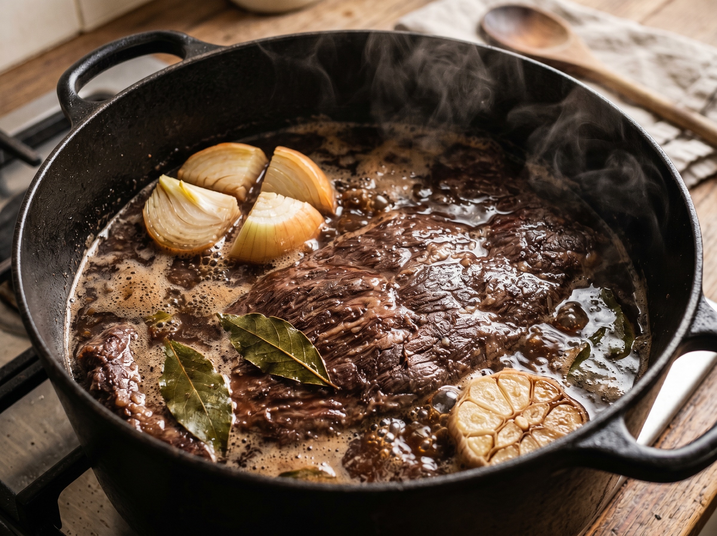 Flank steak submerged in braising liquid in a Dutch oven, simmering low and slow