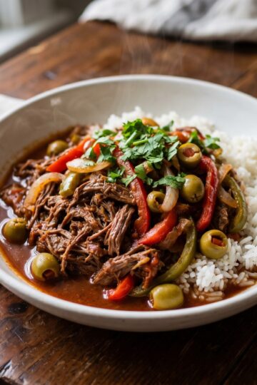 Cuban ropa vieja — shredded flank steak in rich tomato sauce with peppers and olives over rice